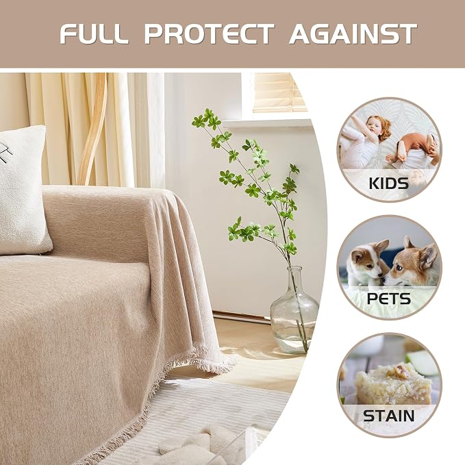 MEETSKY Sofa Covers for Sectional Sofa Set Couch Cover for Dogs Throw Couch Cover with Tassel Loveseat Covers Futon Cover L Shaped Cover Washable Chenille Couch Protector, 91" x 150", Khaki - Image 7