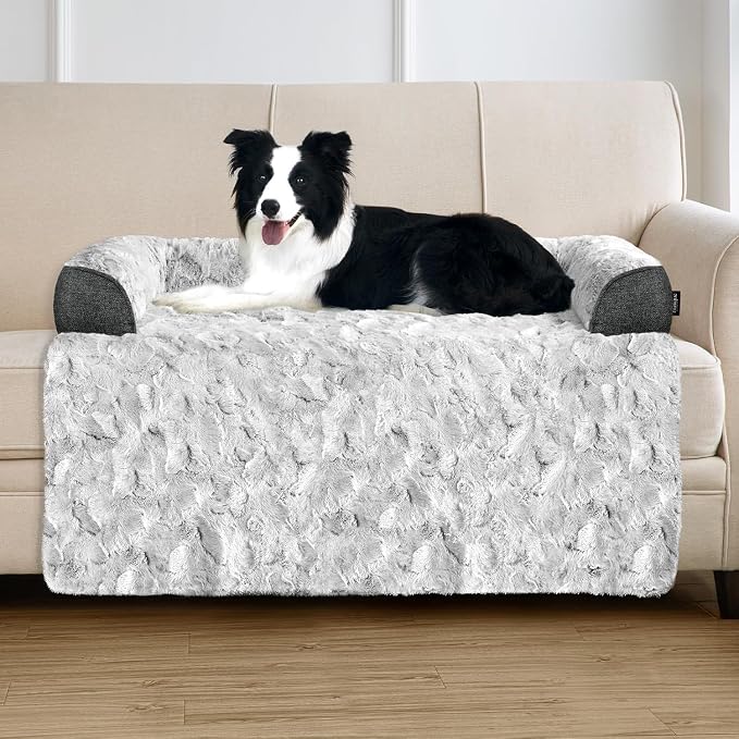 Calming Large Dog Bed for Couch, 41 x 37 inch Removable Couch Cover for Dogs Washable, Non-Slip Fluffy Plush Dog Sofa Mat for Furniture Protector - Grey by blunique