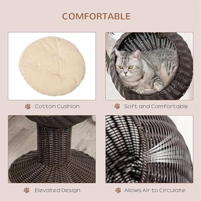 PawHut Elevated Cat Bed with Rotatable Egg Chair Pod, Cat Basket Bed with Thick Cushion, Natural Mat Grass Woven Kitty House, Coffee | Cat Basket Bed, Natural Mat Grass Woven Kitty House - Image 4