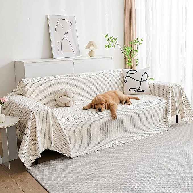 MYSKY HOME Couch Cover for Dogs, Sectional Couch Cover, Beige Lines Sofa Covers for Sectional Sofa L Shape Chenille Couch Protector for Dogs Pets Couch Covers Washable Soft Throw, 91"X134" by MYSKYHOME