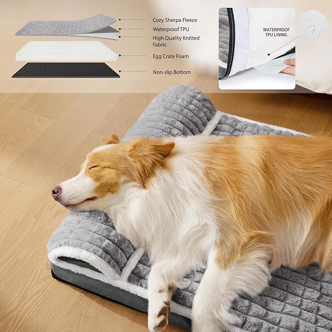 Orthopedic Large Dog Bed Pillow Pet Sofa Bed 56''X40'' Grey | Egg-Crate Foam Pet Couch Large Sized Dog, Waterproof Removable Washable Cover,Furry Puppy Crate Mat With Nonskid Bottom - Image 3