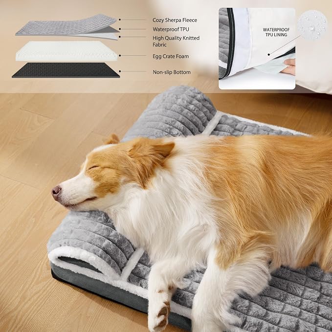 Orthopedic Medium Dog Bed Pillow Pet Sofa Bed 30''X20'' Grey | Egg-Crate Foam Pet Couch Medium Size Dog, Waterproof Removable Washable Cover,Furry Puppy Crate Mat With Nonskid Bottom - Image 3