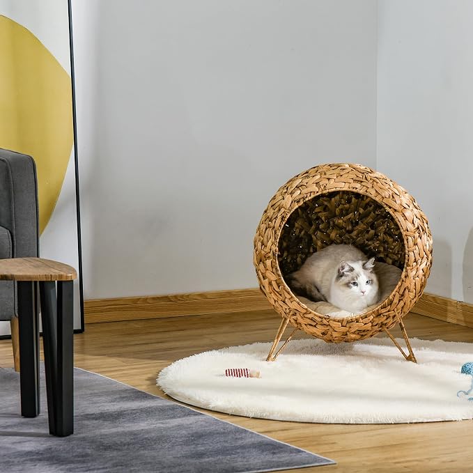 PawHut 20.5" Weaved Cat Bed, Elevated Hand-Woven Braided Banana Leaf Kitten House Condo with Cushion, Natural | Elevated Hand-woven Braided Banana Leaf Kitten House Condo - Image 6