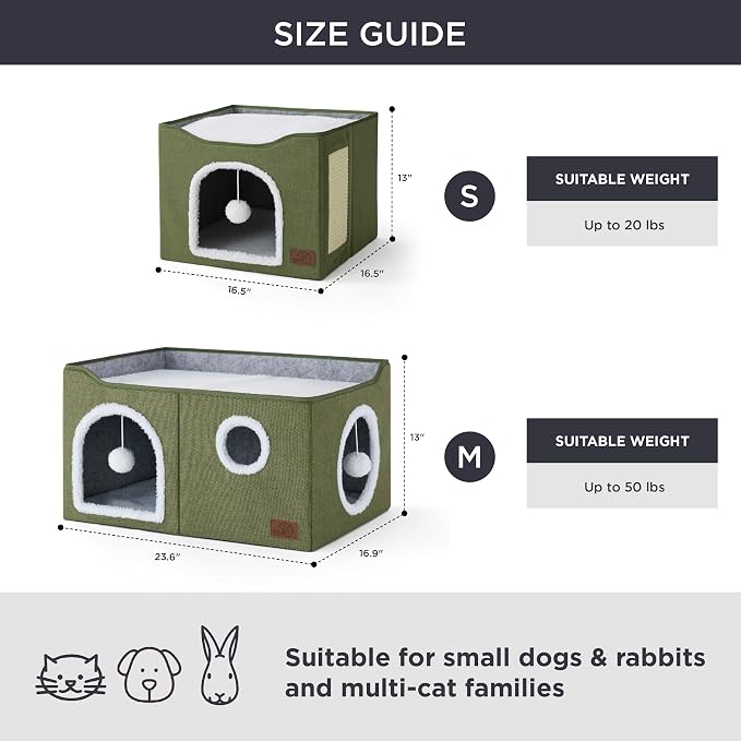 Bedsure Extra Wide Cat House Bed with Fluffy Ball and Scratch Pad | Loden Green,23.6x16.9x13 in,Indoor Cat Cave for Multiple Pets, Foldable Cat Hideway Cube for Sleeping Large Cat and Kitten - Image 6