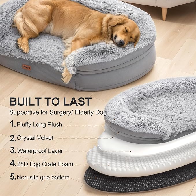 iweepet Fluffy Calming Orthopedic Dog Beds for Medium & Large Dogs, Supportive Dog Sofa Bed with 3.7 inch 28D Egg-Crate Foam, Removable Washable Plush Cover, Waterproof Lining, 41'',Grey - Image 8