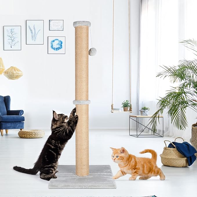 FluffyDream 37'' Cat Scratching Post, Natural Sisal Rope Scratcher with Dangling Teaser Ball and Covered with Soft Plush for Kittens and Adult Cats, Sand Color - Image 6