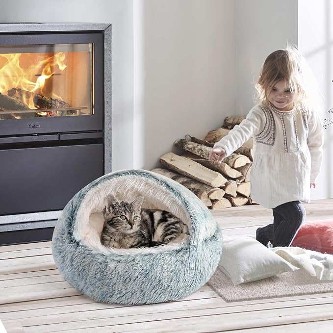 CATISM Cat Bed, Plush Hooded Cat Beds for Indoor Cats | Warm Soft Plush Comfortable Removable Washable Non-Slip Bottom - Image 8