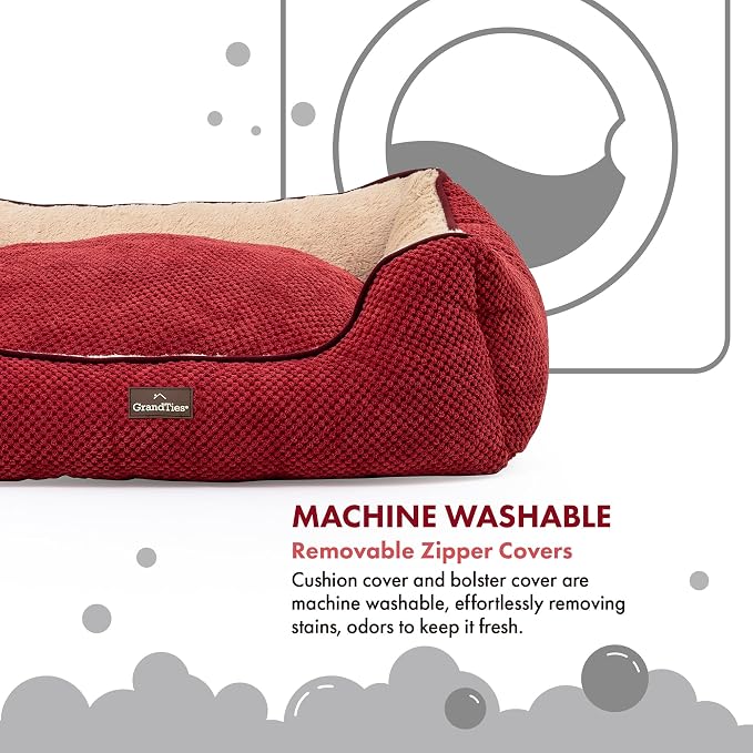 GRANDTIES Fluffy Dog Beds for Small Medium Large Dogs & Cats, Machine Washable Dog Bed, Rectangle Breathable Soft Calming Sleeping Warming Pet Beds with Waterproof & Non-Slip Bottom (M 34", Cherry) - Image 4