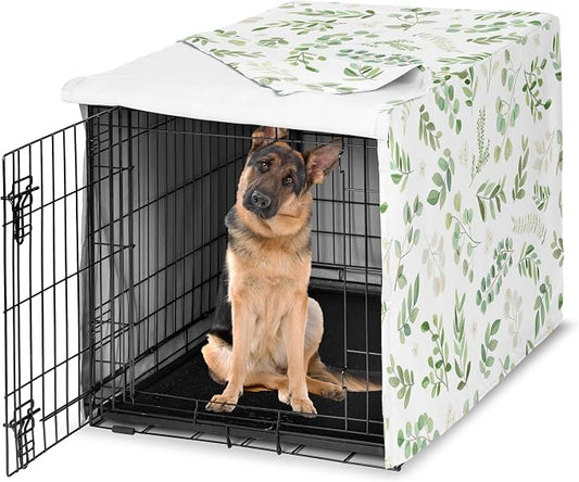 Sweet Jojo Designs 48in. Large Dog Crate Cover (Green Boho Floral Leaf) Pet Cage, Kennel Covers (Bohemian, Watercolor, Botanical, Flower, Woodland, Tropical, Garden, Nature, Neutral, Sage and White) by SweetJojoDesigns