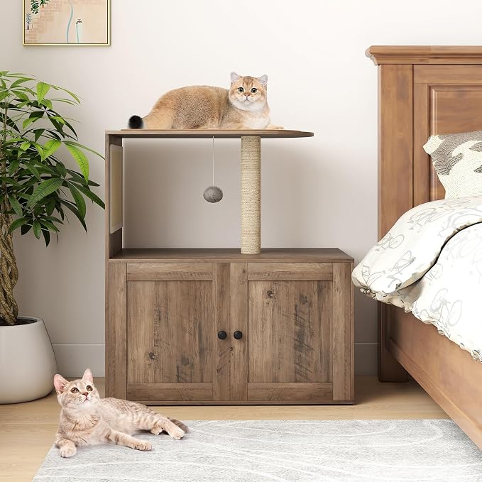 Tangkula Cat Tree with Litter Box Enclosure, Hidden Litter Box Cat Tower with Sisal Scratching Post & Mat, Dangling Ball, Vented Holes, Farmhouse Cat House Washroom (Oak Gray) - Image 9