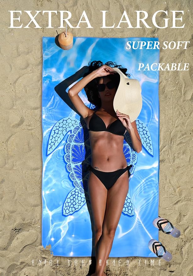 Yongoes 4 Pack Microfiber Beach Towel Oversized 71x32 Blue Turtle Bulk | Lightweight Thin,Sand Free,Super Absorbent Quick Dry Large Towels for Swim Pool Bath Travel Vacation Accessories Essentials - Image 3