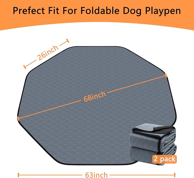 Bunlitent Washable Pee Pads for Dogs, 63'' Diagonal Octagon, 2 Pack, Grey | Designed for 24'' Width 8 Panels Dog Playpen, Non-Slip, Super Absorbent, Reusable, Waterproof, For Dog Playpen, Crate, Car - Image 5