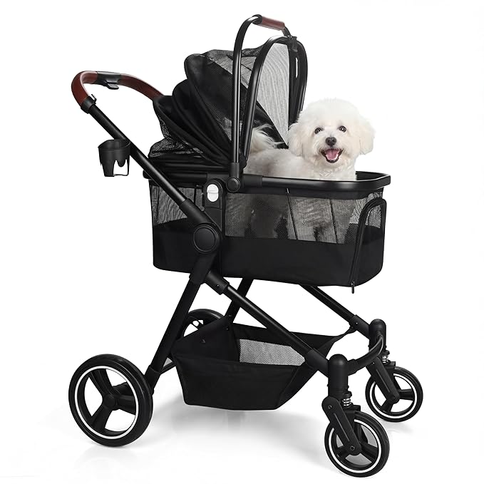 Foldable Dog Stroller, 3 in 1 Pet Stroller for Small Medium Dog Cat up to 50lbs, Detachble Portable Pet Bag, Storage Basket and One-Button Folding Frame