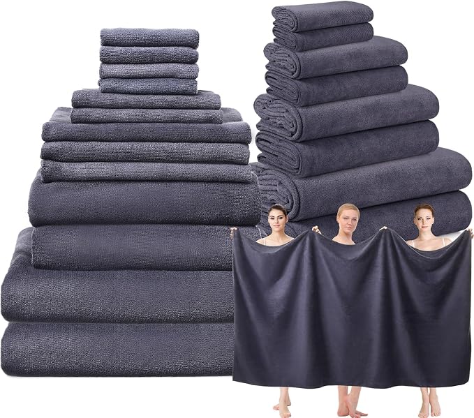 Mixweer 24 Piece Dark Grey Microfiber Absorbent Towel Set: 2 Oversized Bath Sheets, 4 Bath Towels, 6 Hand, 8 Washcloths, 4 Fingertip for Bathroom Spa Gym Camping Beach by Mixweer