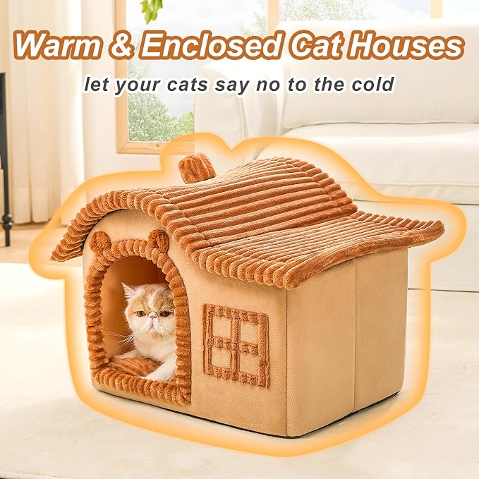 Jiupety Bear Cat Houses for Indoor Cats, Chimney Cute Cat Bed Cave, Enough Interior Space, Cartoon Soft Pet House Up to 3-15 lbs Puppy, Brown - Image 2