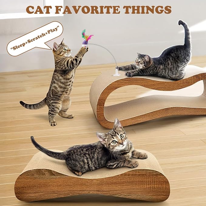 Simple Deluxe 2 in 1 Cats Scratching Pads, Large Horizontal Cardboard Cat Scratcher with 2 Plug-in Teaser Wand, 100% Recyclable & Reversible Scratching Board - Image 6