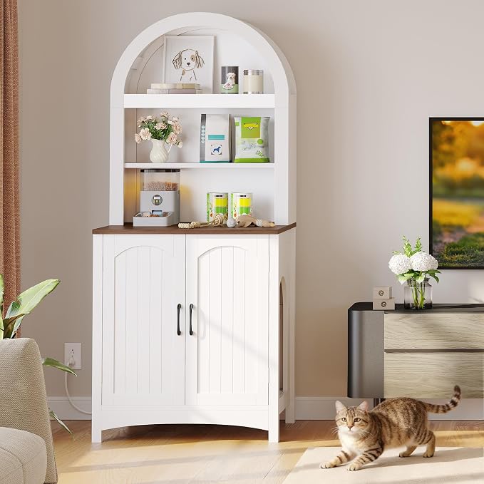 DWVO 70.8in Large Hidden Cat Litter Box Furniture with Shelves | High-Gloss Modern Litters Box Enclosure for Self-Cleaning Litter Boxes, Large Hidden Wooden Cabinet, White - Image 7