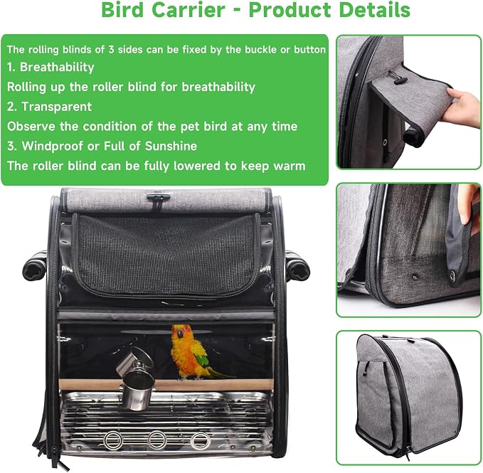 Bird Carrier Bag with Perch, Bird Travel Carrier Backpack with Stainless Steel Plate and Mesh, Portable Transparent Parakeet Travel Cage with Feeder Cups for Small Birds Parakeet Parrot - Image 3