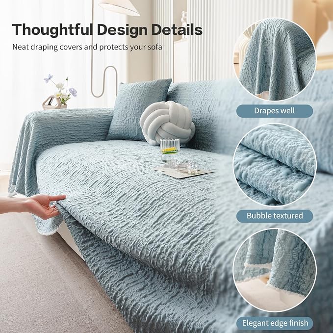 DREAMINGO Bubble Textured Cooling Sofa Cover, Ice Silk Breathable Couch Cover Blanket for Pet & Hot Sleepers, Washable Furniture Protector for 3 Cushion Couch, Sky Blue, X-Large 71"x134" - Image 4