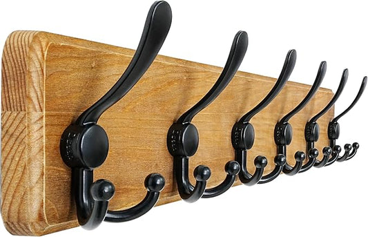 Dseap Coat Rack Wall Mounted - 24" Long 6 Tri Hooks, Heavy Duty Wooden Wall Coat Hanger Coat Hook for Clothes Hat Jacket Clothing, Weathered Yellow and Black by Dseap