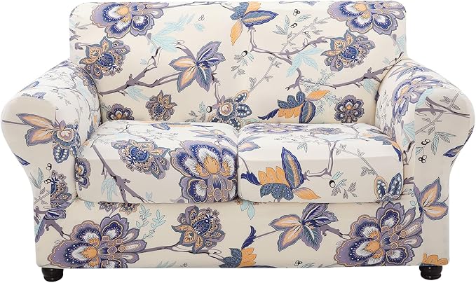 hyha Stretch Couch Cover, Sofa Covers for 2 Separate Cushion Couch Washable | Loveseat Cover, Floral Pattern, Printed, 3 Pieces, 2 Seater Furniture Protector with Elastic Bottom for Dogs, Pet Friendly by hyha