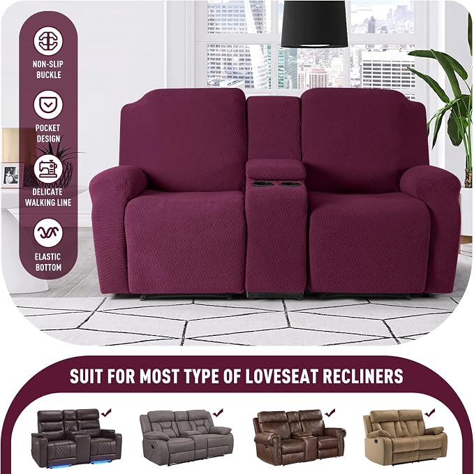 KinCam Loveseat Recliner Covers with Middle Console Slipcover, Burgundy | Stretch Recliner Sofa Covers for 2 Seat Couch Cover, Jacquard Furniture Protector Covers with Elastic Bottom for Kids, Pets - Image 4