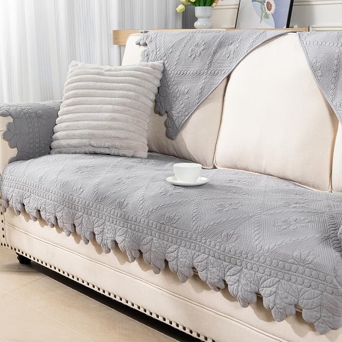 KRFOONN Cotton Quilted Dog Couch Cover for Sofa (Grey, 2PC 27.6" x 27.6") | Farmhouse Embroidery Sectional Couch Cover Washable, Soft Non Slip Sofa Slipcover Cushion Furniture Protector for Kids, Pets by KRFOONN