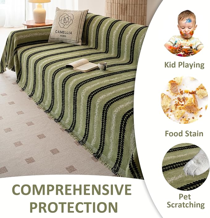 VClife Chenille Sofa Cover Bohemian Striped Pattern Couch Cover for 2 Cushion Sofa - Sage Green Black Textured Sofa Slipcover Washable Furniture Protector for Couch Decorative Couch Cushion Cover - Image 7
