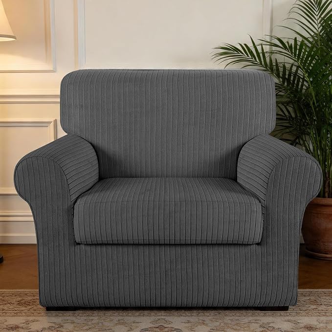 Armchair Cover Stretching Skid Resistance Couch Cover for Pets Washable, Thick and Durable Soft High Spandex Striped Pattern Sofa Covers, Form Fitted Chair Slipcover(Armchair, Dark Gray) - Image 7
