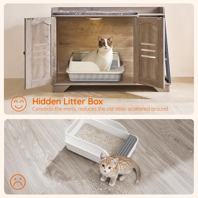 HOOBRO Cat Litter Box Enclosure with Ladder, Hidden Litter Box Furniture with Rechargeable 3-Color LED, Plush, Teaser Balls, 31.5" L x 18.9" W x 22.4" H, All-in-One, Black and Greige BG48MW01G1 - Image 5