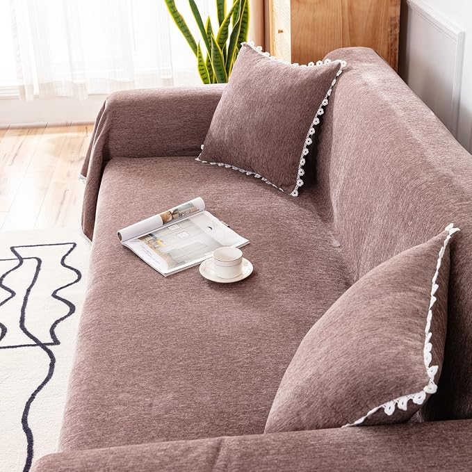 VClife Bohemian Brown Sofa Cover, Washable Pet Couch Covers for 3-4 Cushion Couch Sofa, Breathable Skin-Friendly Home Decor for Living Room Sofa Furniture Protector Futon Cover with Lace 71"X150" - Image 9