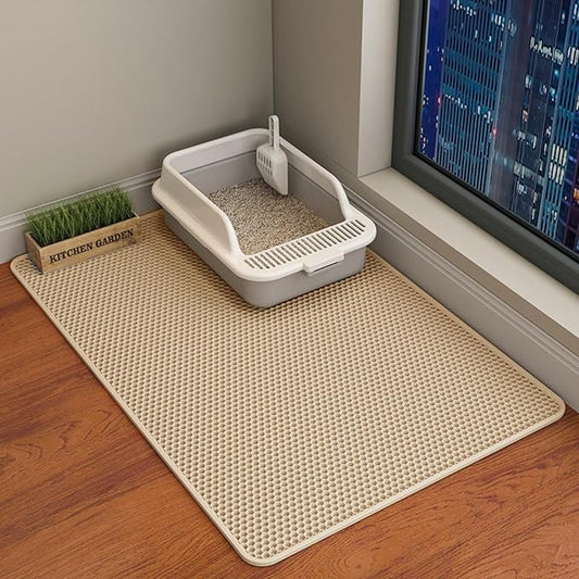 HCY&WLD Cat Litter Mat, 45x26/35x24/30x22/24x18 Inch Double Layer Cat Litter Box Mat, EVA Non-Slip, Waterproof Urine Proof Cat Litter Catcher Mat, Easy Clean Scatter Control (35x24 Inch, Khaki) by HCY%26WLD