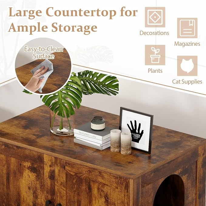 Tangkula Cat Litter Box Enclosure, Wooden Kitty Washroom Cabinet w/Winding Entry & Cat Hole, with Divider, Hidden Double Enclosed Litter Box Furniture for Living Room, Bedroom, Entryway (Rustic Brown) - Image 8