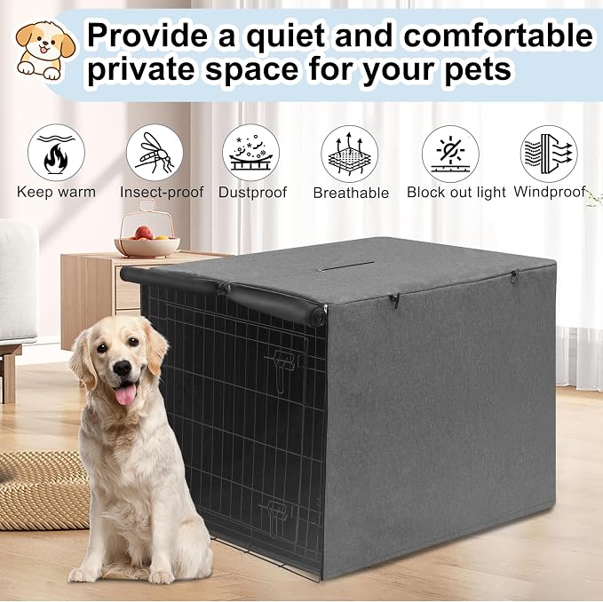 36 inches Dog Crate Cover with Card Pocket, Heavy Duty Polyester Windproof Pet Kennel Universal Fit for 1 or 2 Doors Standard Wire (Grey), - Image 7