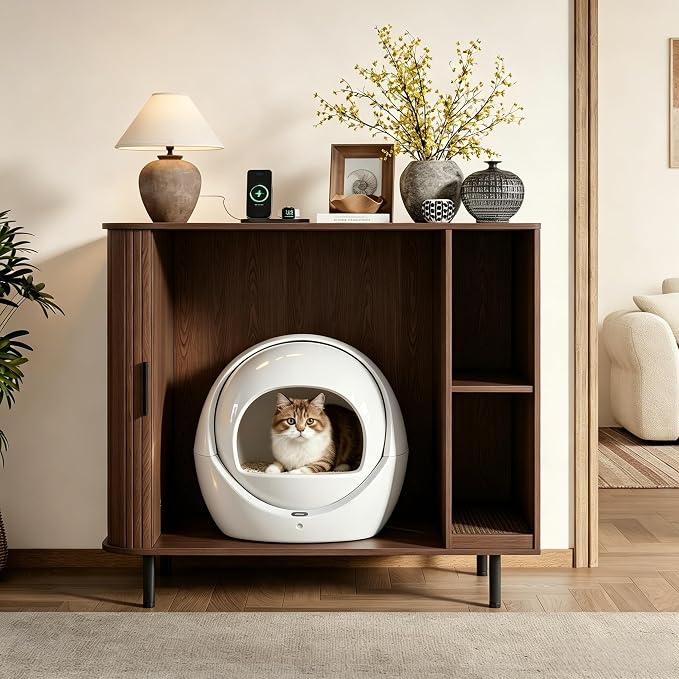 Large Cat Litter Box Enclosure with Scratch Pad, 42.6'' Hidden Litter Box Furniture for Automatic self-Cleaning Litter Boxes, Sliding Door, Adjustable Shelf for Dog Proof, Charging Station, Walnut - Image 3