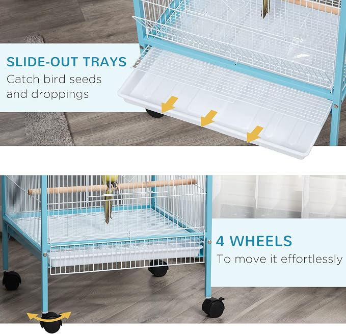 PawHut Large Bird Cage 1.7 ft. Width for Wingspan 55", Light Blue | Bird Aviary Indoor, Multi-Door Design, Fit for a Canary, Finch, Conure - Image 5