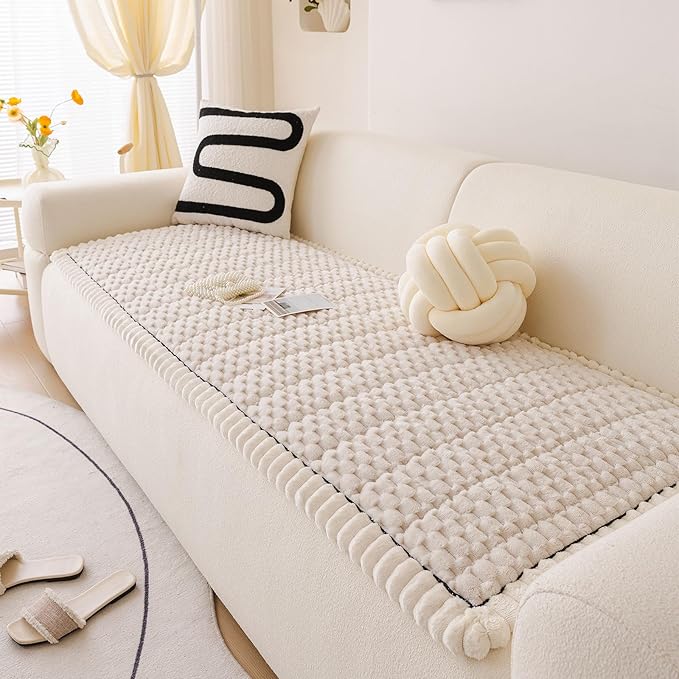 DREAMINGO Pet Couch Covers for Sofa Non Slip Fuzzy Dog Sofa Covers Washable Geometric Jacquard Couch Cushion Protector Beige Pet Bed Mat 27.6x82.7 Inch by DREAMINGO