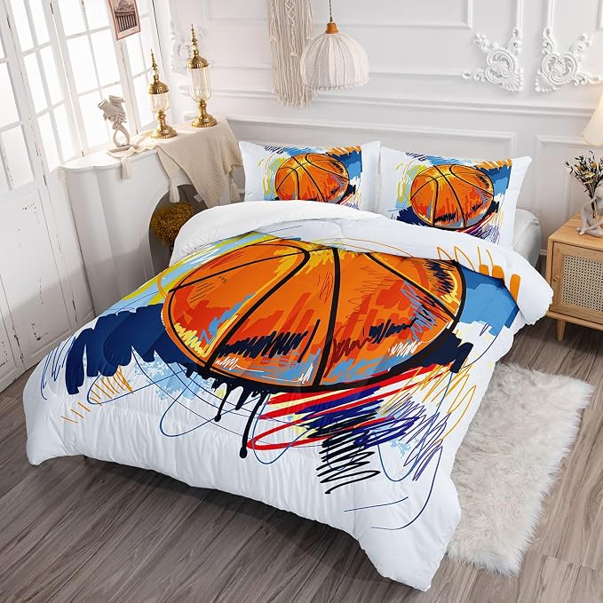 Basketball Comforter Set Hand Drawn Basketball Sports Comforter Sets Quilt with 1 Comforter and 2 Pillowcases for Kids Boys Girls Bedroom All Season（Basketball-3 Twin） - Image 3