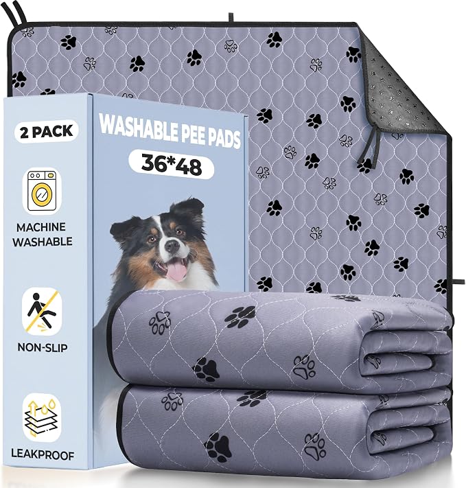 Fostanfly Washable Pee Pads for Dogs, Ultra-Absorbent, 36"x48"-2 Pack, Gray | Waterproof, Protects Against Urine Leakage, Reusable Puppy Pads, Non-Slip Grip for Dog Potty Training with 8 Tie Straps by HOME