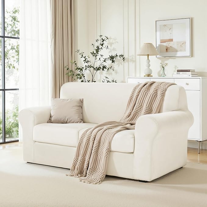 CHUN YI 3 Piece Velvet Couch Covers for 2 Cushion Couch, Water Resistant Loveseat Covers, Non Slip High Stretch Thick Furniture Protector for Dogs Pets, Medium, Ivory White - Image 3