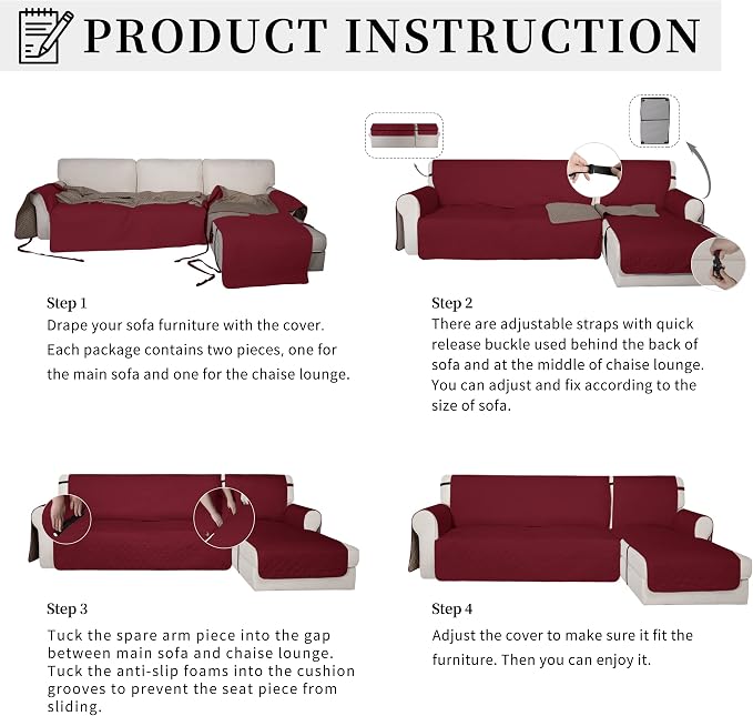 Easy-Going Waterproof Sectional Couch Covers with Chaise 2-Piece Non Slip L Shape Sofa Cover for Dogs Leakproof Furniture Protector Cover with Adjustable Strap for Pets (Small, Christmas Red) - Image 5