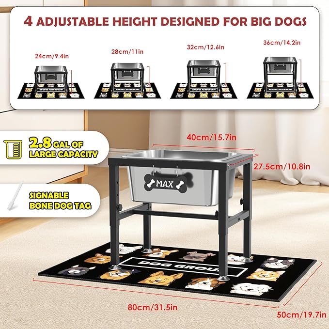2.8 Gallon Elevated Large Dog Water Bowl, ADENGL 4-Height Adjustable (9.4–14.2'') Raised Stainless Steel Bowl, Dog Bowls Elevated with Spill-Proof Mat & Sturdy Metal Stand for Indoor/Outdoor Use - Image 3
