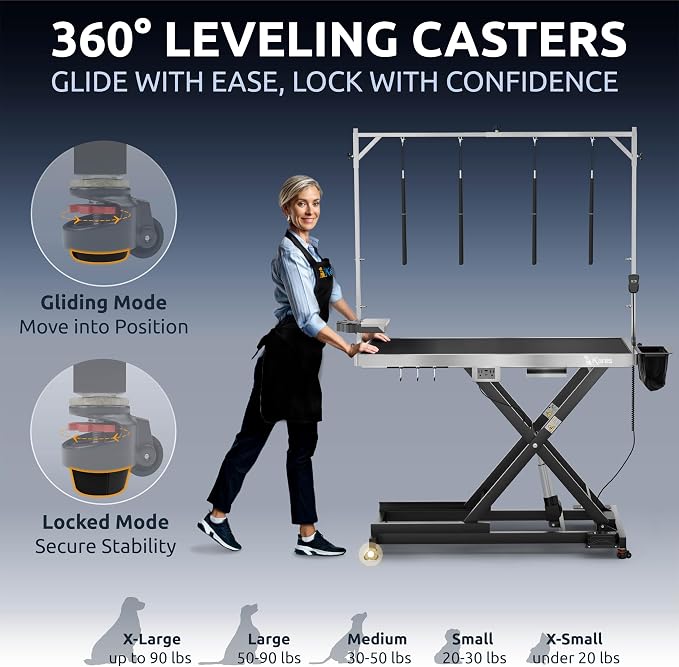 KANIS Professional Electric Dog Grooming Table - Heavy Duty | Height Adjustable Pet Grooming Table w/Leveling Wheels, Dog Grooming Arm, Anti-Slip Tabletop & Tool Organizer (Black, 49") - Image 3