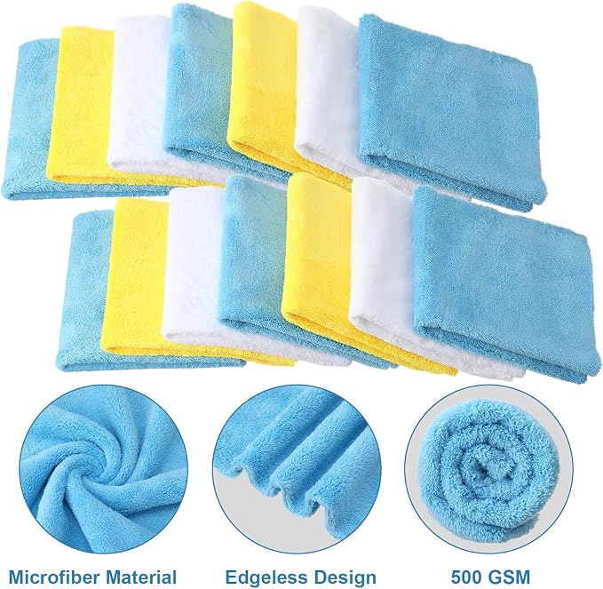 Shimeyao 30 Pcs 16 x 16 Inch edgeless Microfiber Plush Towels for Cars Detailing Drying Wash Polishing Absorbent Cleaning Cloths, 500 GSM (Light Blue, White, Yellow) - Image 3