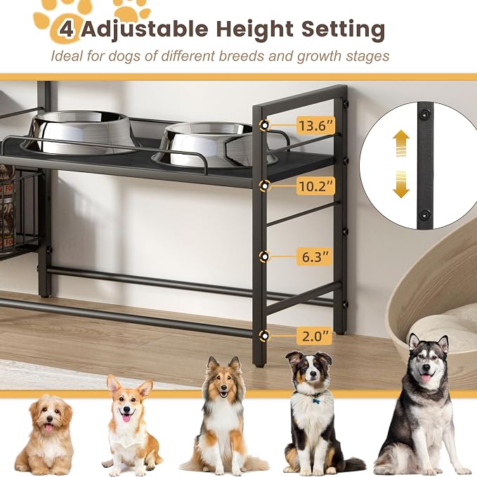 Elevated Dog Bowl Stand with 2 Feeding Stations, Adjustable Raised Feeding Station Cabinet with Toy Bin Basket, Lifted Food and Water Bowl Holder, Pet Storage Organizer for Large Medium Small Dogs - Image 3