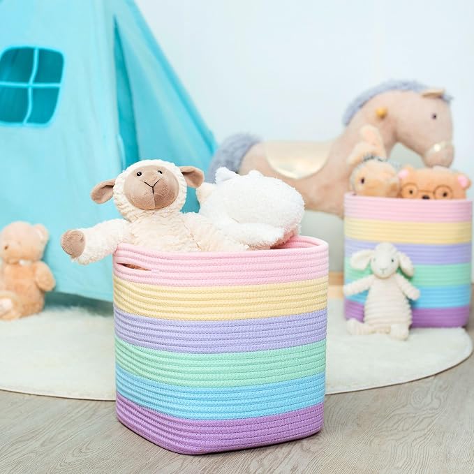 MINTWOOD Design 3-Pack 11x11in Woven Cube Storage Bin and Shelf Baskets, Cute Decorative Square Organizer for Closet, Classroom, Bathroom, Dog and Cat Toys, and Books, Pastel Rainbow - Image 3