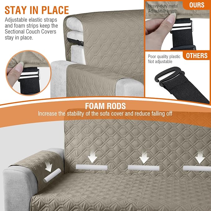 VANSOFY Sectional Couch Covers 100% Waterproof L Shaped Sofa Slipcover 3pcs Reversible Chaise Lounge Cover for Sectional Sofa Furniture Protector Cover for Pets Cat Dog(Small, Khaki) - Image 5