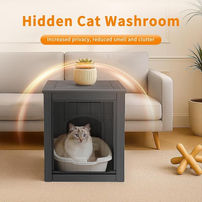 Cat Litter Box Enclosure, Plastic Hidden Litter Box Side Table with Openable Front Door, Cat Box Enclosure Cabinet for Indoor & Outdoor Use, Weatherproof, Easy to Clean & Assemble, Black - Image 2
