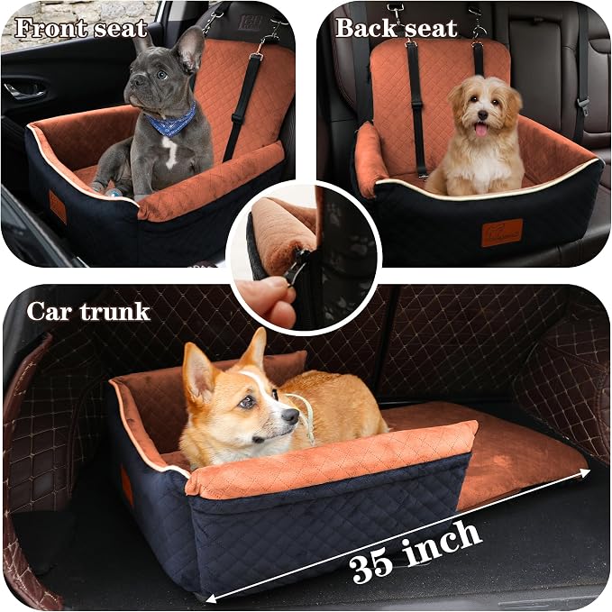 Dog Car Seat Bed 2 in 1 for Small/Medium Dogs up to 35 lbs,Adjustable Safety Leashes,Memory Foam with Soft Fabric Pets Travel Car Bed,Easily Installed in Front and Back seat,Removable and Washable. - Image 2