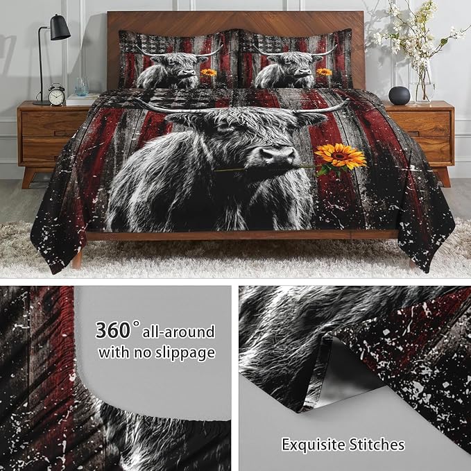 WeCozy Twin Size Bed Sheet Sets with Pillowcases, Highland Cow Animal 3 Pcs Soft Microfiber Bedding for Kids and Adults, Farm Bull American Flag Flat, Fitted Sheet for Bedroom Bed Decor - Image 5